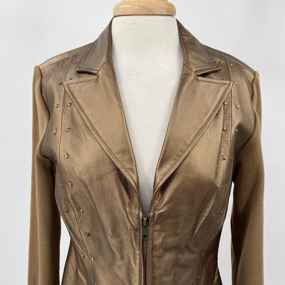 Vintage Leather Jacket Metallic Bronze Zip Front Mixed Media Rib Knit Sleeves 8 - Picture 3 of 9